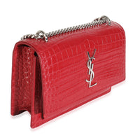 Saint Laurent Red Calfskin Crocodile Embossed Monogram Sunset Chain Wallet Handbag pv