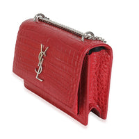 Saint Laurent Red Calfskin Crocodile Embossed Monogram Sunset Chain Wallet Handbag sv