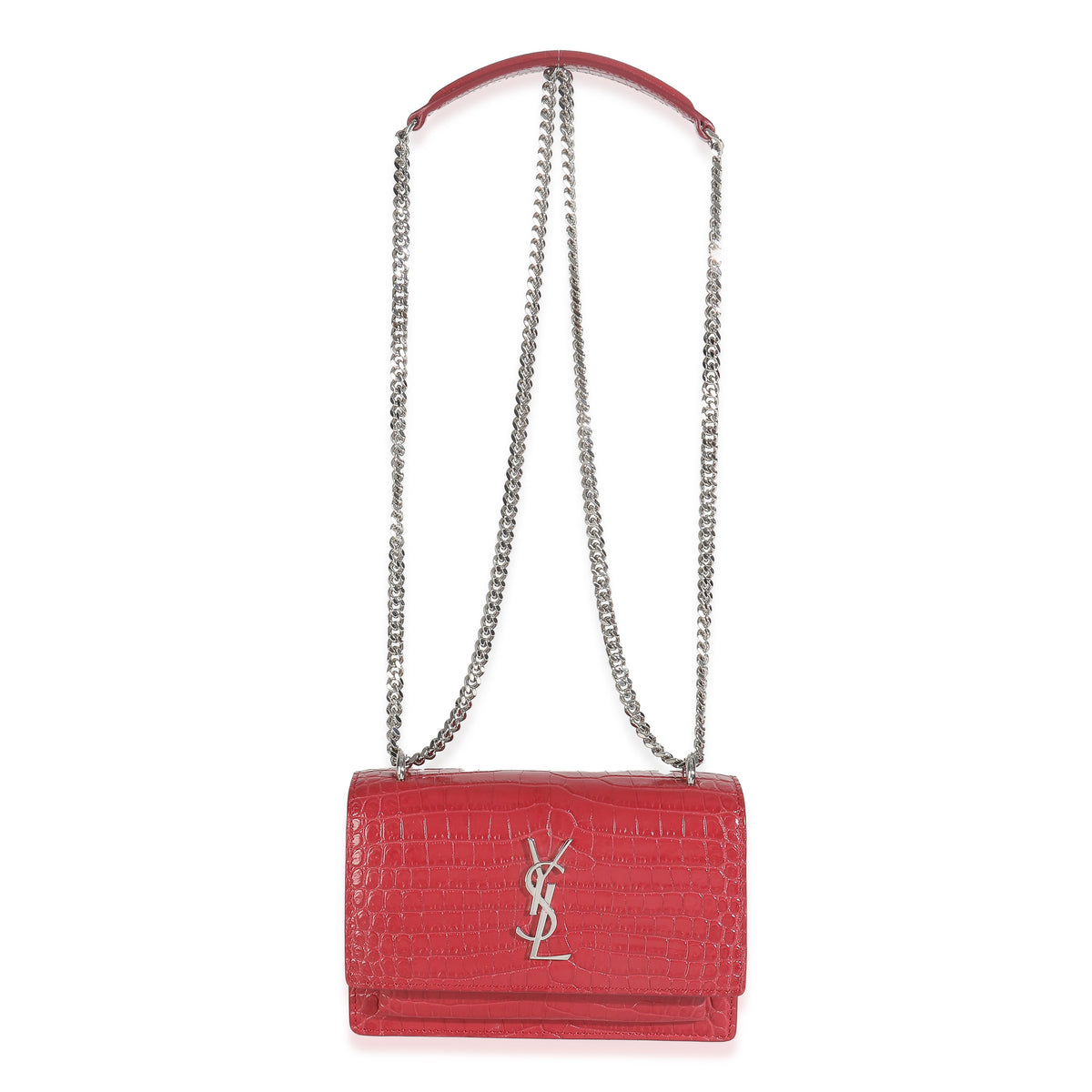 Red Calfskin Crocodile Embossed Monogram Sunset Chain Wallet