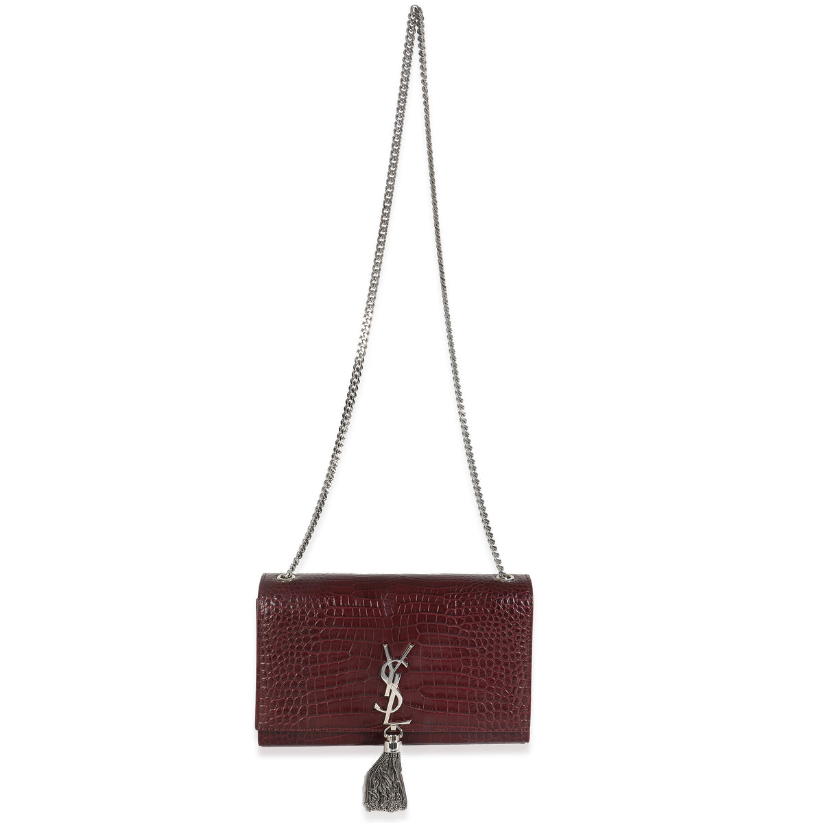 Maroon Calfskin Crocodile Embossed Medium Monogram Kate Tassel Bag