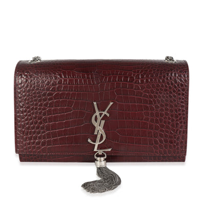 Maroon Calfskin Crocodile Embossed Medium Monogram Kate Tassel Bag