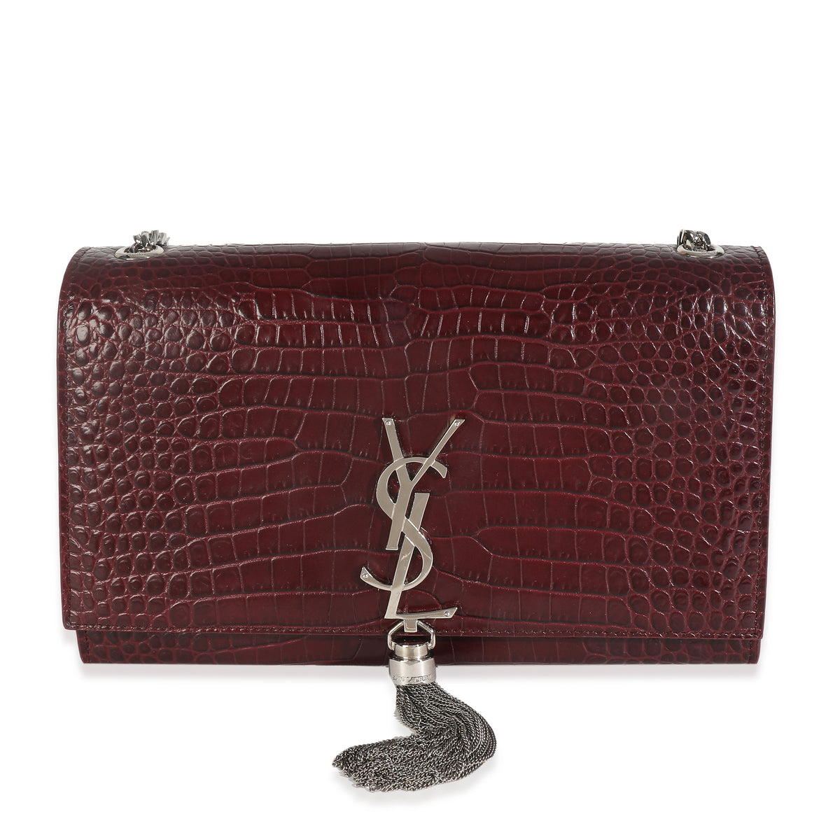 Maroon Calfskin Crocodile Embossed Medium Monogram Kate Tassel Bag