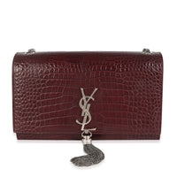 Maroon Calfskin Crocodile Embossed Medium Monogram Kate Tassel Bag