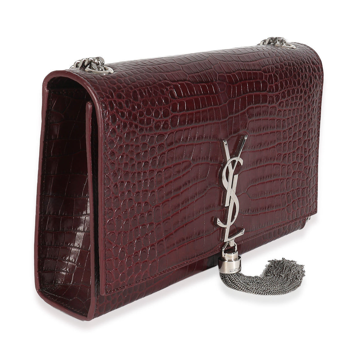 Maroon Calfskin Crocodile Embossed Medium Monogram Kate Tassel Bag