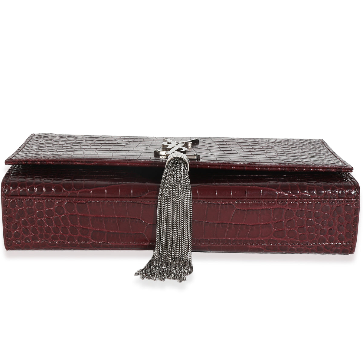 Maroon Calfskin Crocodile Embossed Medium Monogram Kate Tassel Bag