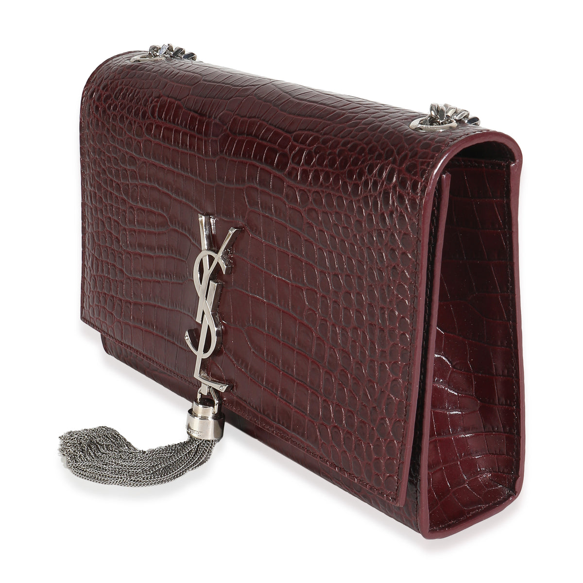 Maroon Calfskin Crocodile Embossed Medium Monogram Kate Tassel Bag