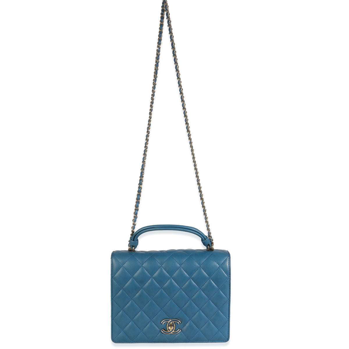 Blue Quilted Lambskin Top Handle Flap Bag
