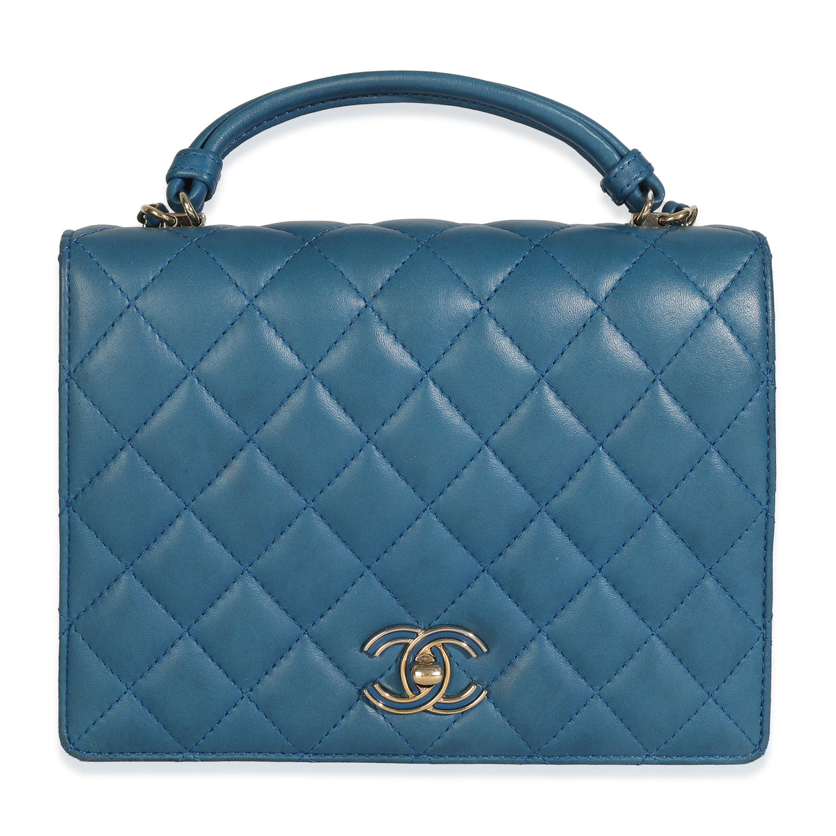 Blue Quilted Lambskin Top Handle Flap Bag