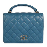 Blue Quilted Lambskin Top Handle Flap Bag