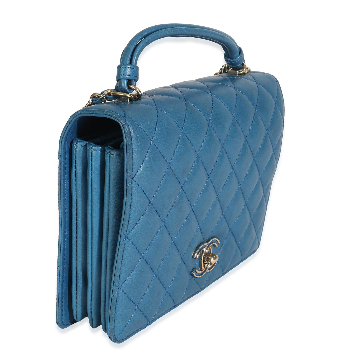 Blue Quilted Lambskin Top Handle Flap Bag