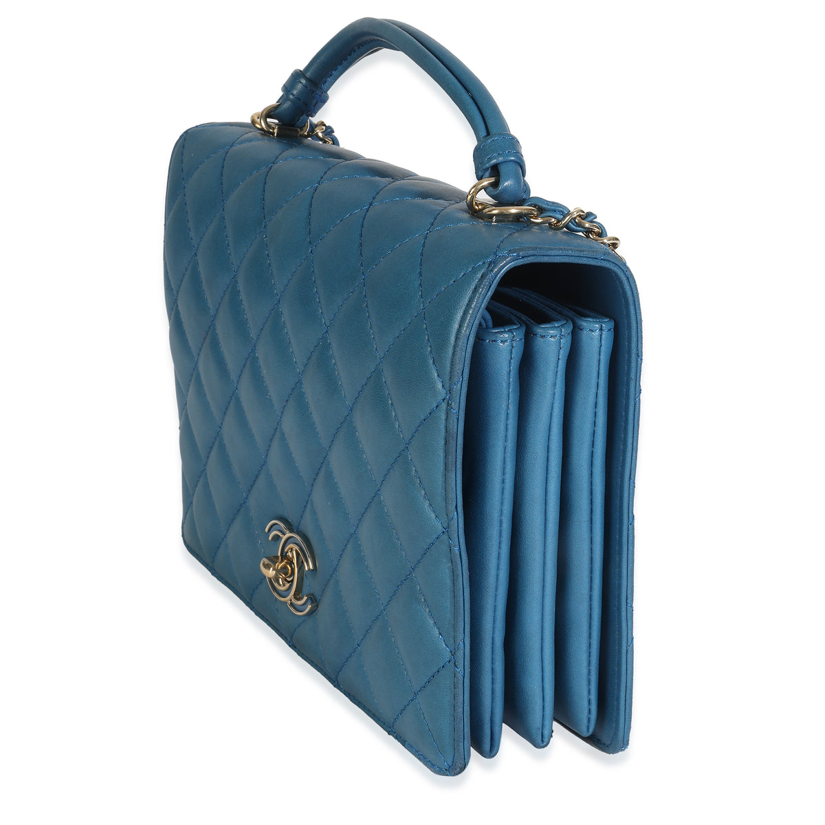 Blue Quilted Lambskin Top Handle Flap Bag