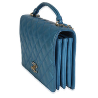 Blue Quilted Lambskin Top Handle Flap Bag