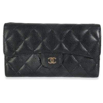 Black Quilted Caviar Large Flap Wallet