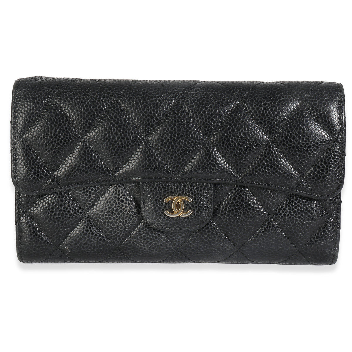 Black Quilted Caviar Large Flap Wallet
