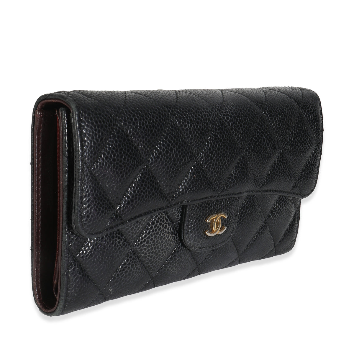 Black Quilted Caviar Large Flap Wallet