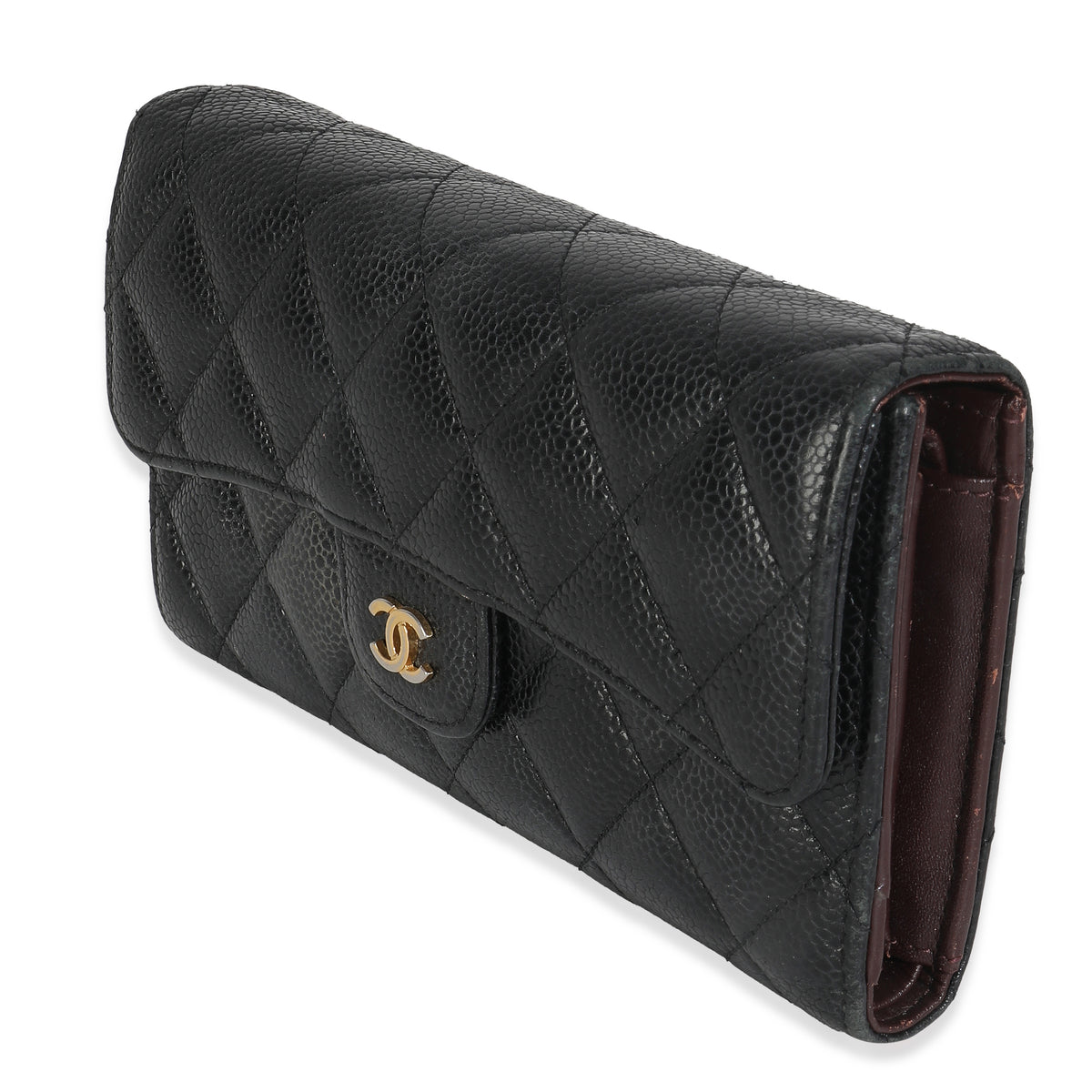 Black Quilted Caviar Large Flap Wallet