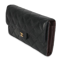 Black Quilted Caviar Large Flap Wallet