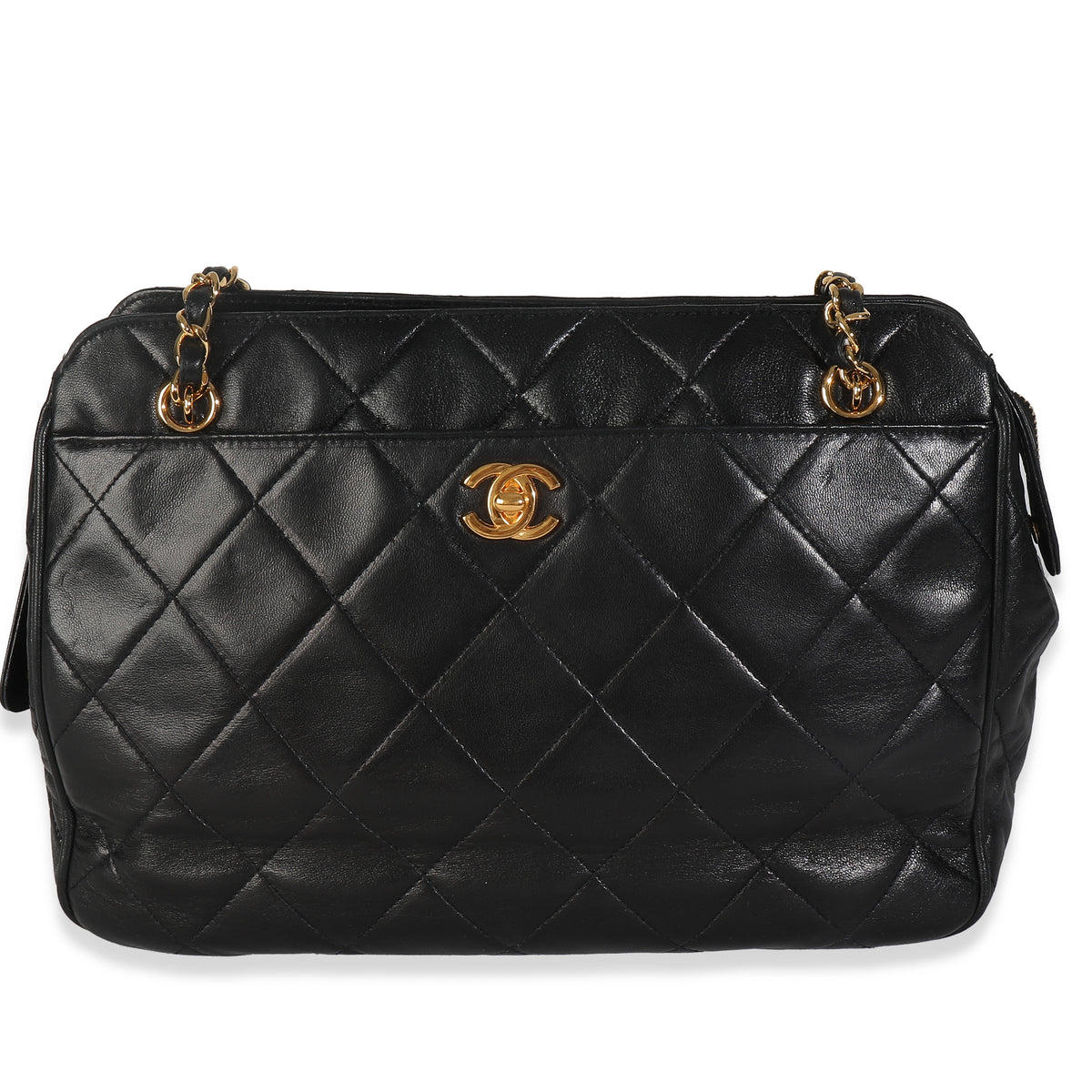 Vintage Black Quilted Lambskin Front Pocket Camera Shoulder Bag