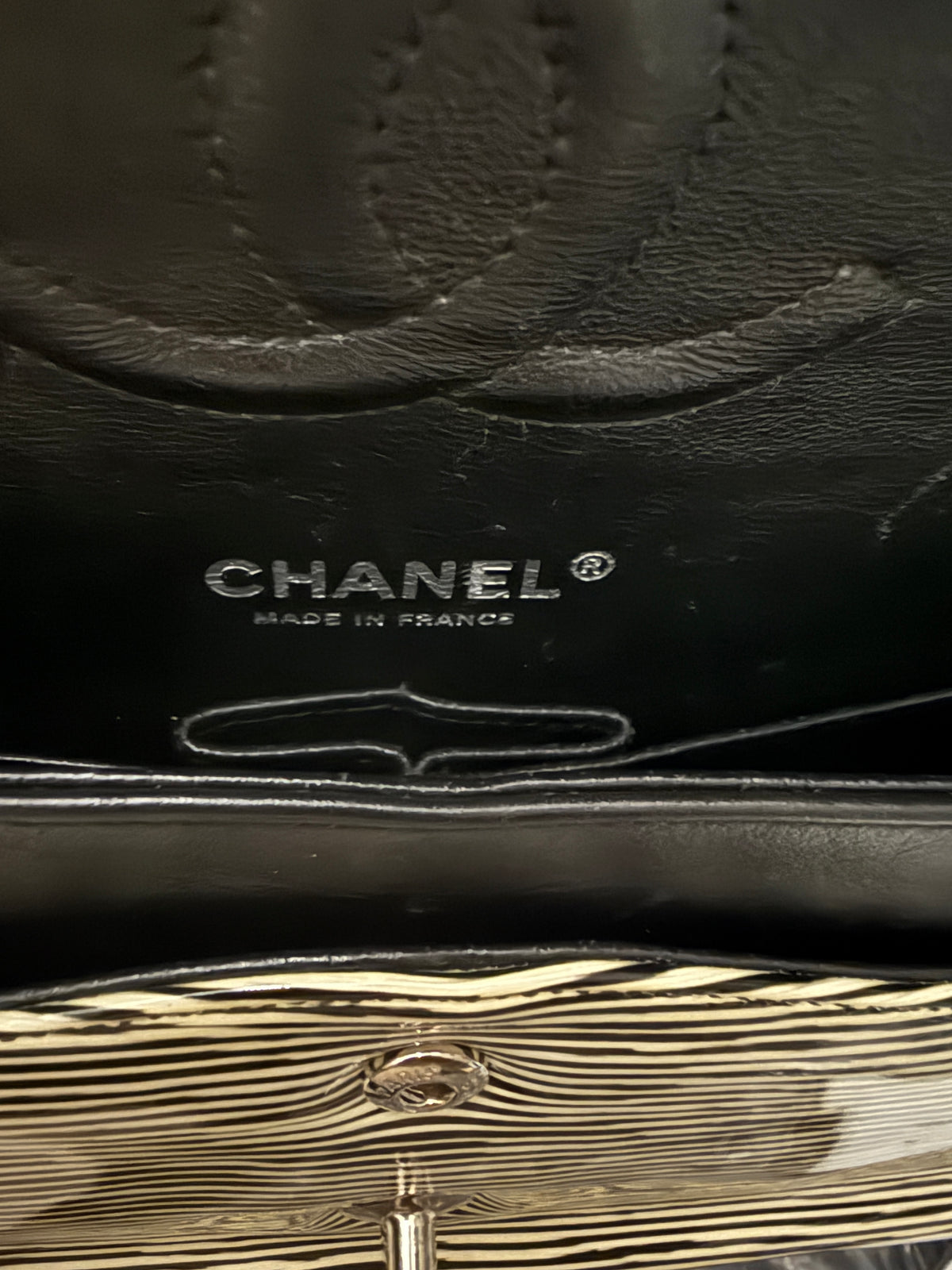 Chanel Black White Striped Patent Medium Classic Double Flap Bag Handbag ad4