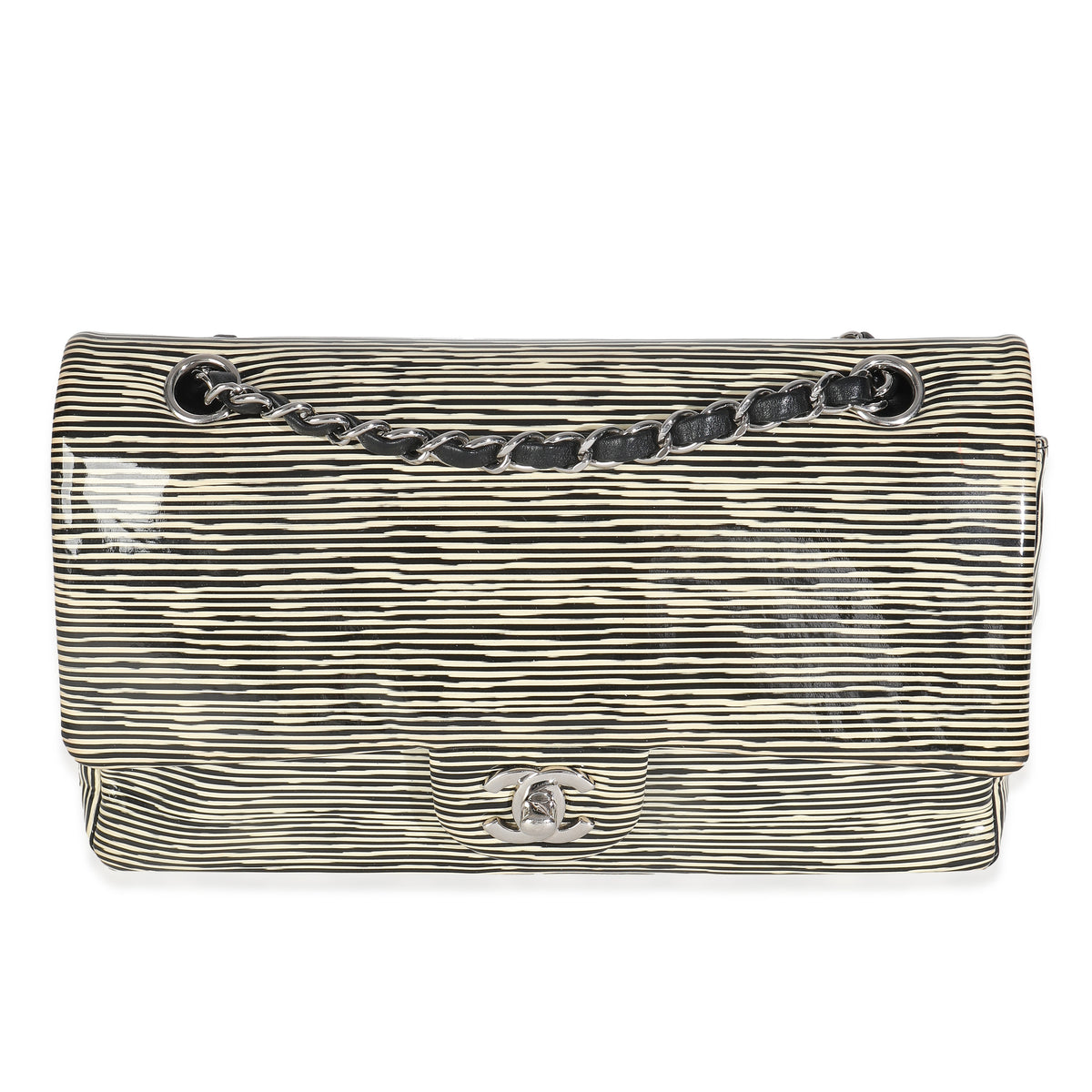 Chanel Black White Striped Patent Medium Classic Double Flap Bag Handbag fv