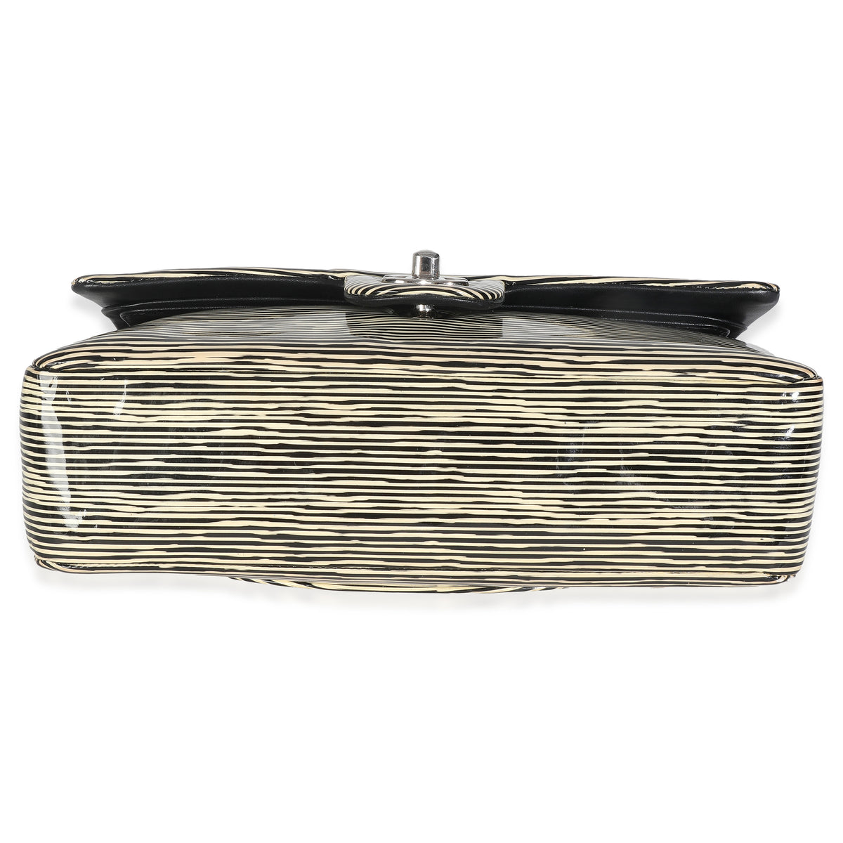 Chanel Black White Striped Patent Medium Classic Double Flap Bag Handbag stamp
