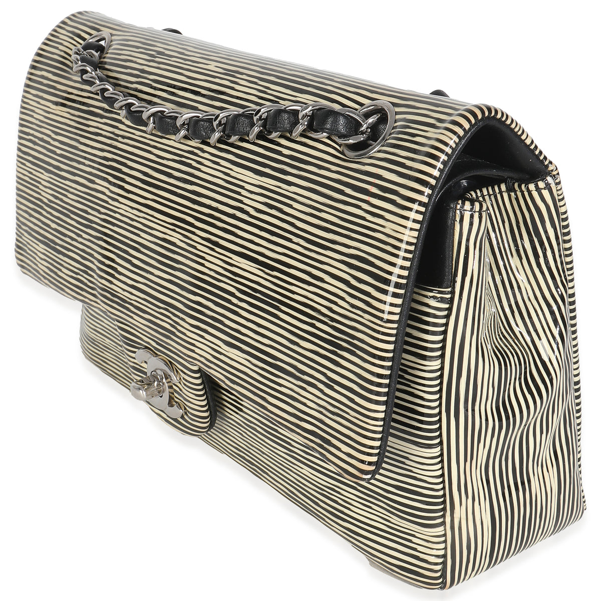 Chanel Black White Striped Patent Medium Classic Double Flap Bag Handbag sv