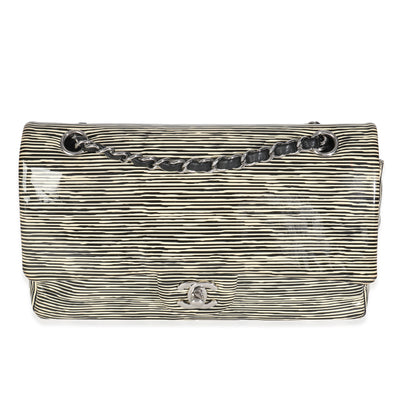 Black White Striped Patent Medium Classic Double Flap Bag