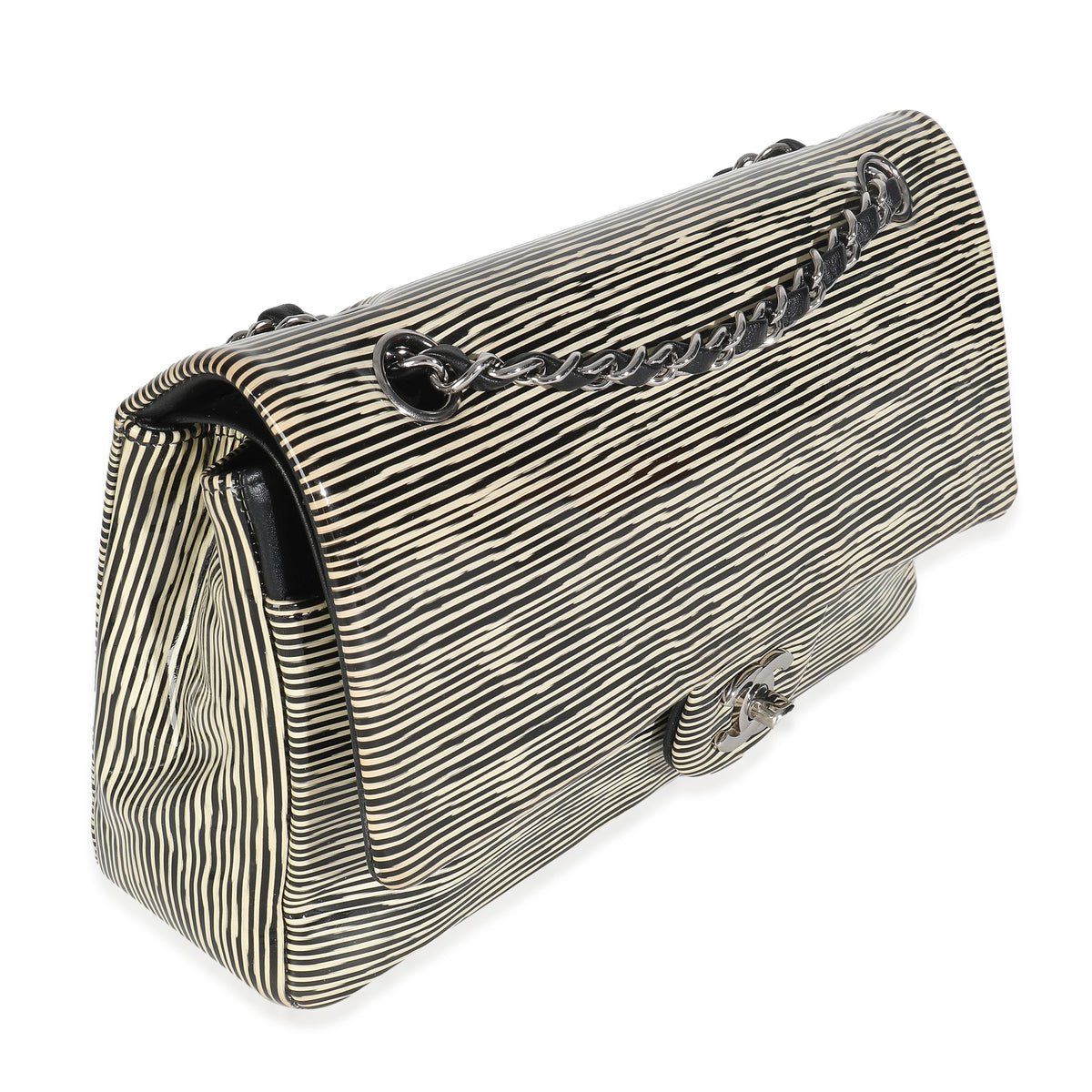 Black White Striped Patent Medium Classic Double Flap Bag
