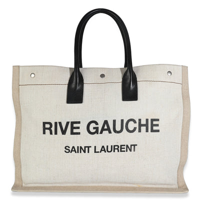 Black Natural Linen Calfskin Rive Gauche Tote