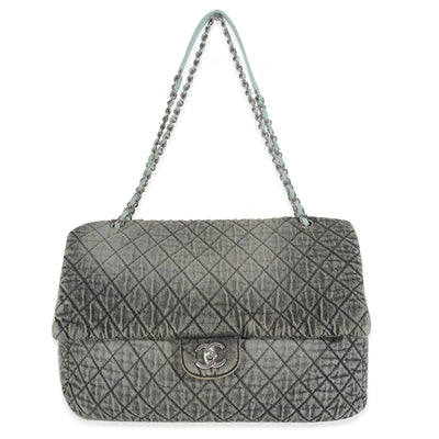 Blue Black Quilted Distressed Denim Denimpression XXL Flap Bag