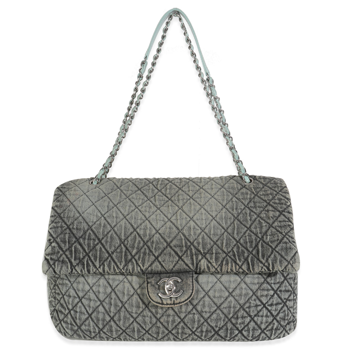 Blue Black Quilted Distressed Denim Denimpression XXL Flap Bag