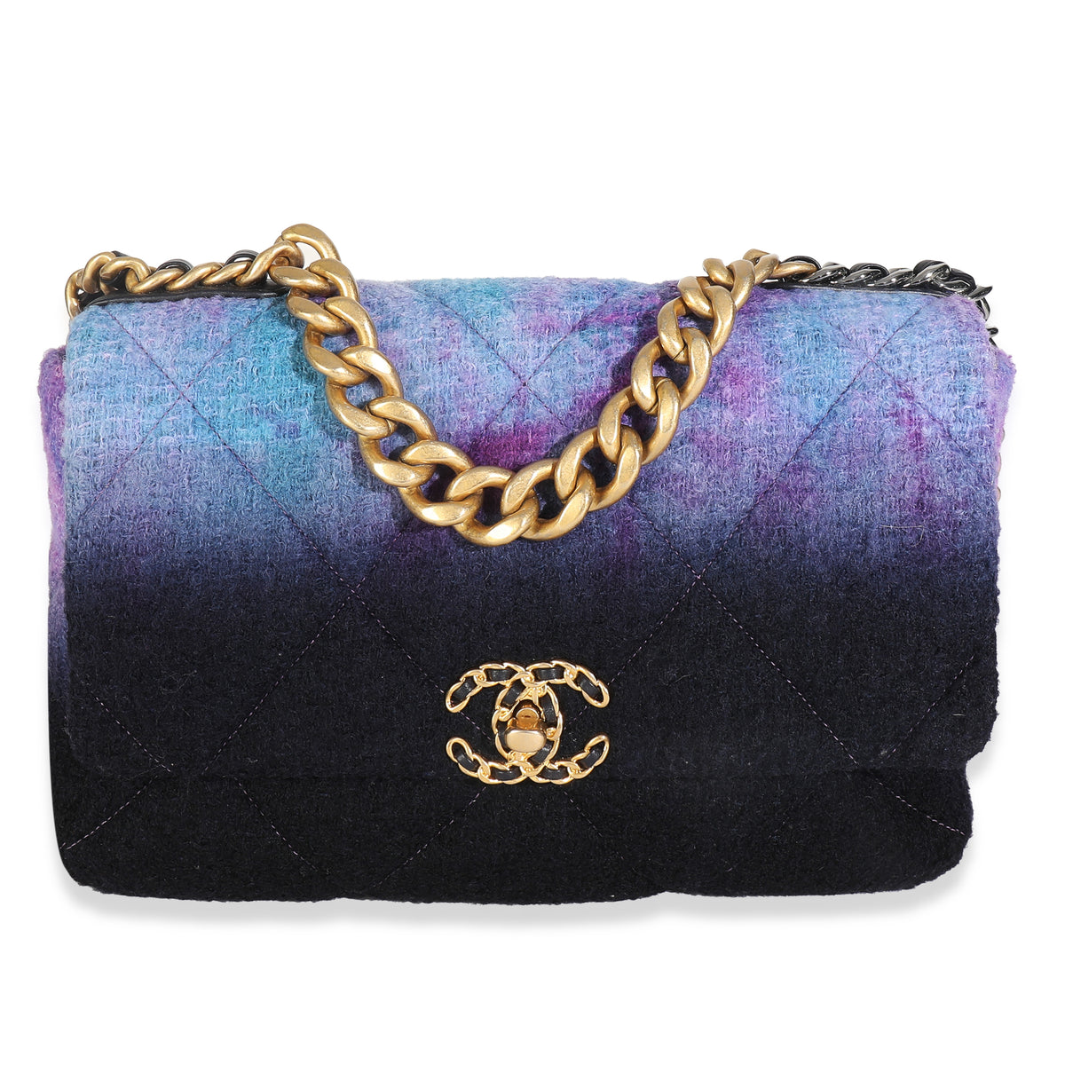 Purple Black Blue Quilted Wool Tweed Large Chanel 19 Flap Bag