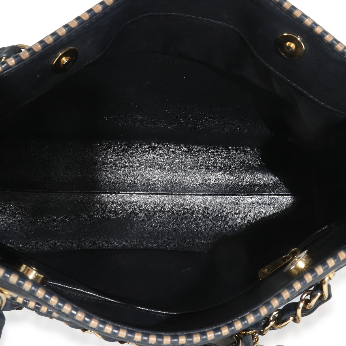 Vintage Beige Cut Out Black Quilted Lambskin Chain Tote