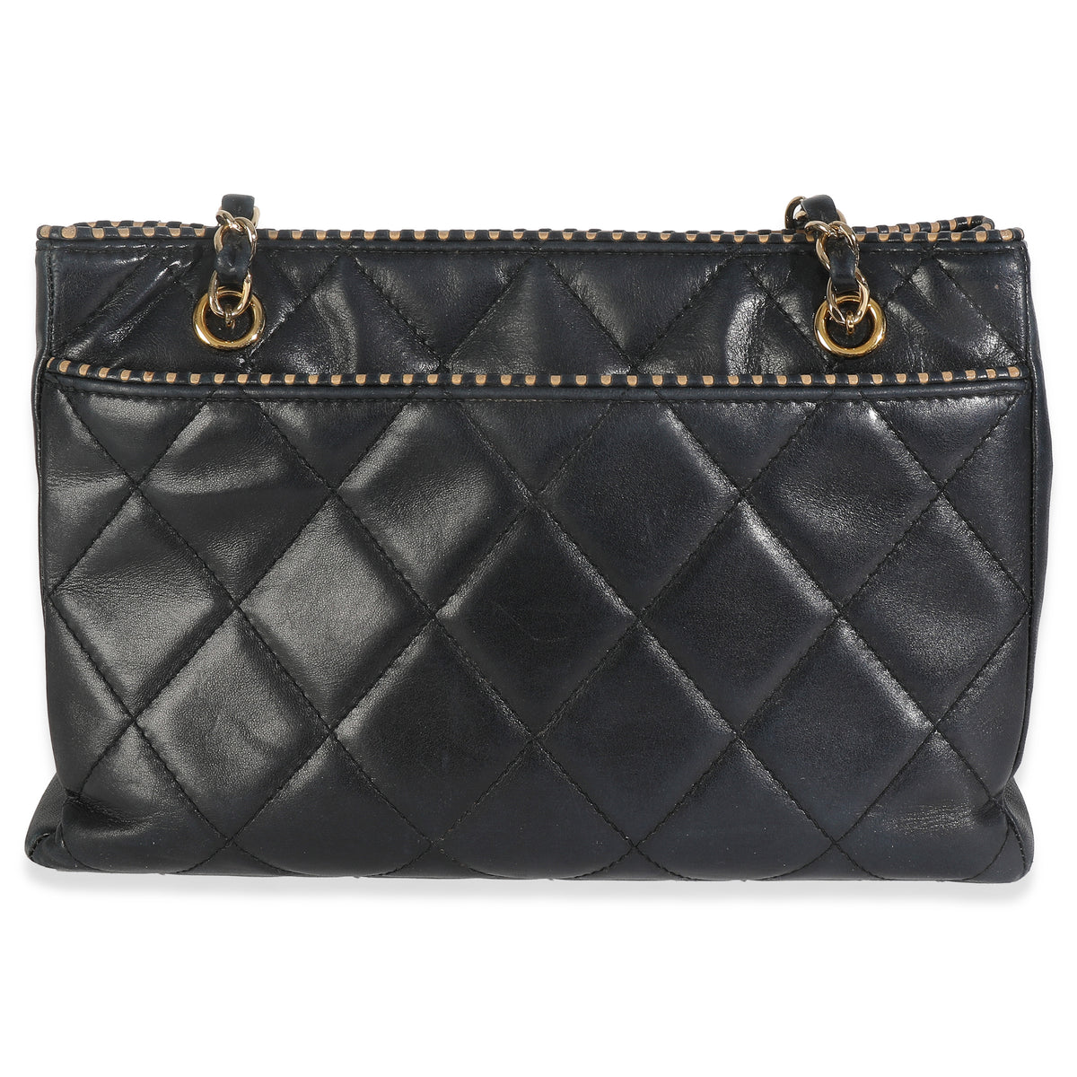 Vintage Beige Cut Out Black Quilted Lambskin Chain Tote