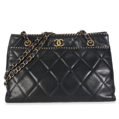 Vintage Beige Cut Out Black Quilted Lambskin Chain Tote