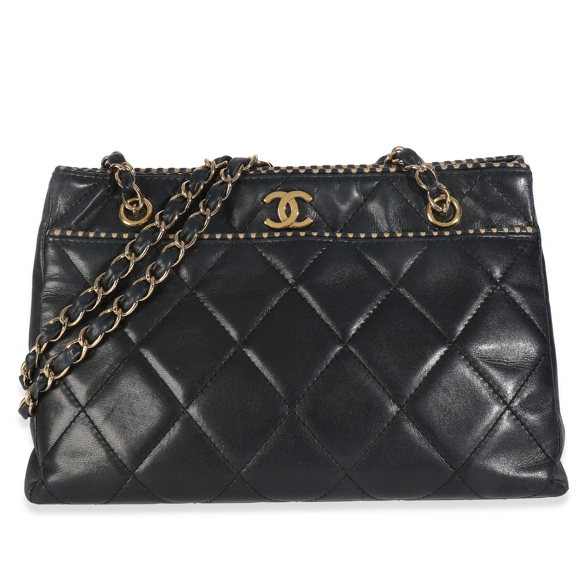 Vintage Beige Cut Out Black Quilted Lambskin Chain Tote