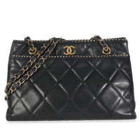 Vintage Beige Cut Out Black Quilted Lambskin Chain Tote