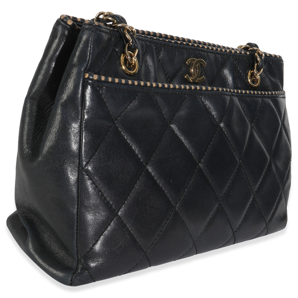 Vintage Beige Cut Out Black Quilted Lambskin Chain Tote