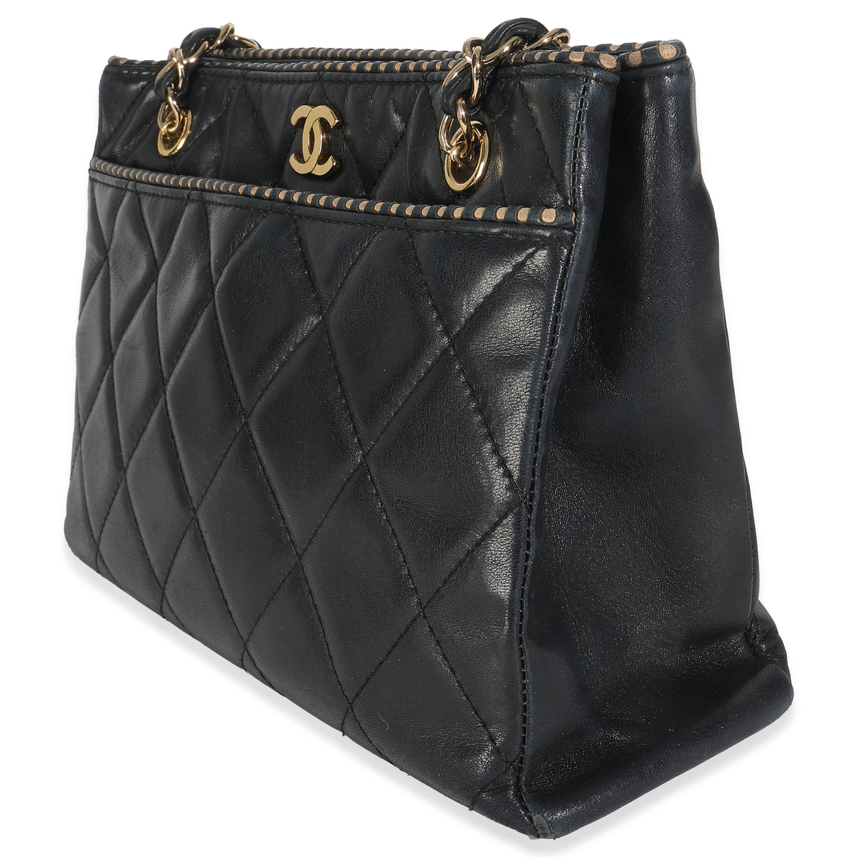 Vintage Beige Cut Out Black Quilted Lambskin Chain Tote