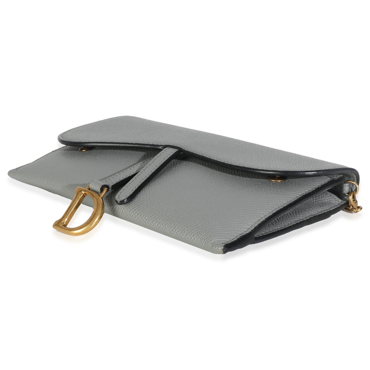 Grey Stone Grained Calfskin Saddle Chain Wallet Pouch