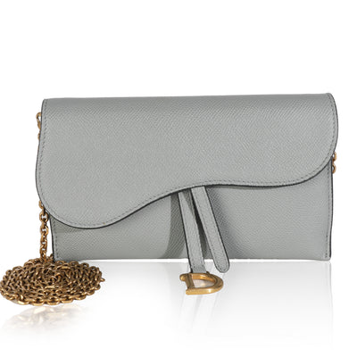 Grey Stone Grained Calfskin Saddle Chain Wallet Pouch