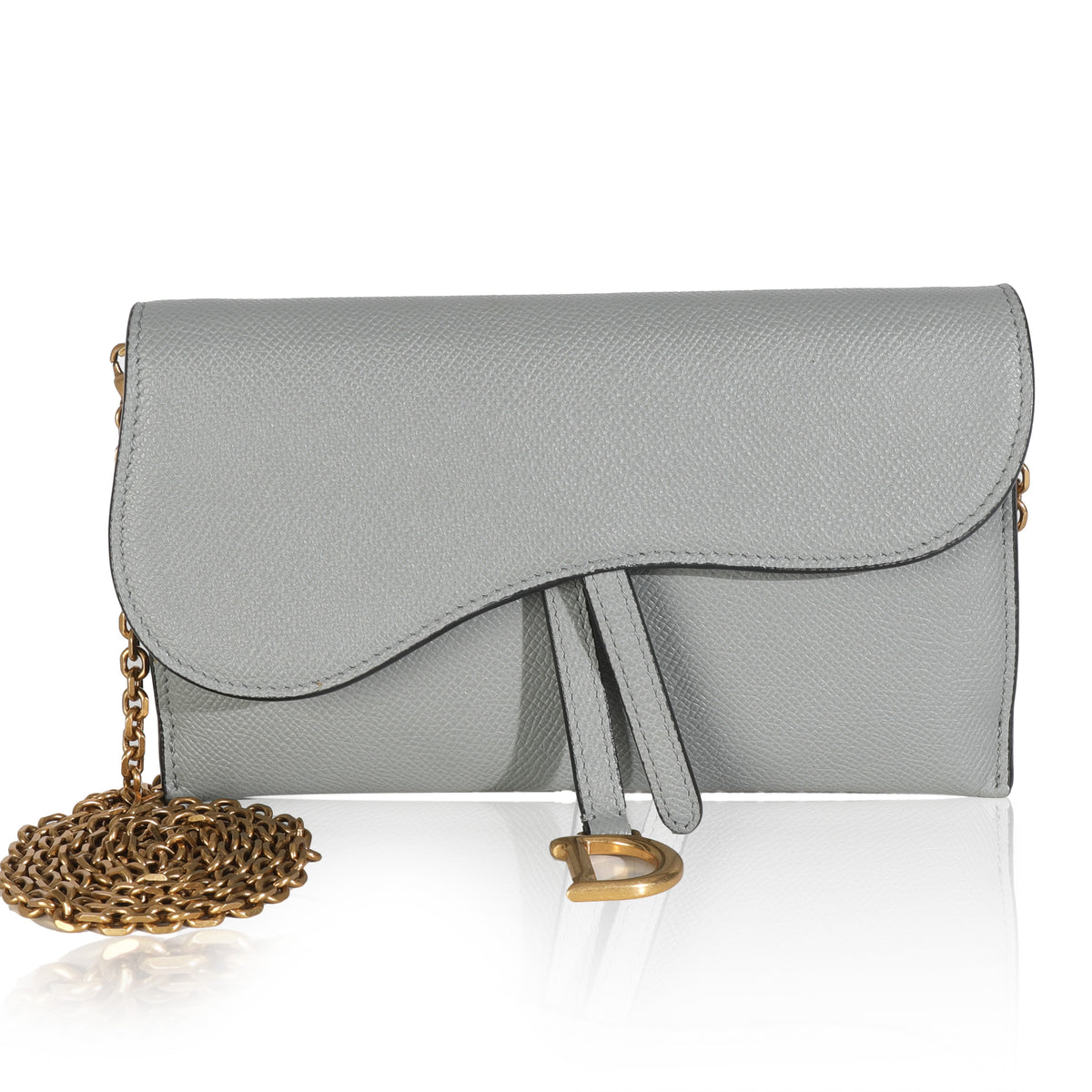 Grey Stone Grained Calfskin Saddle Chain Wallet Pouch