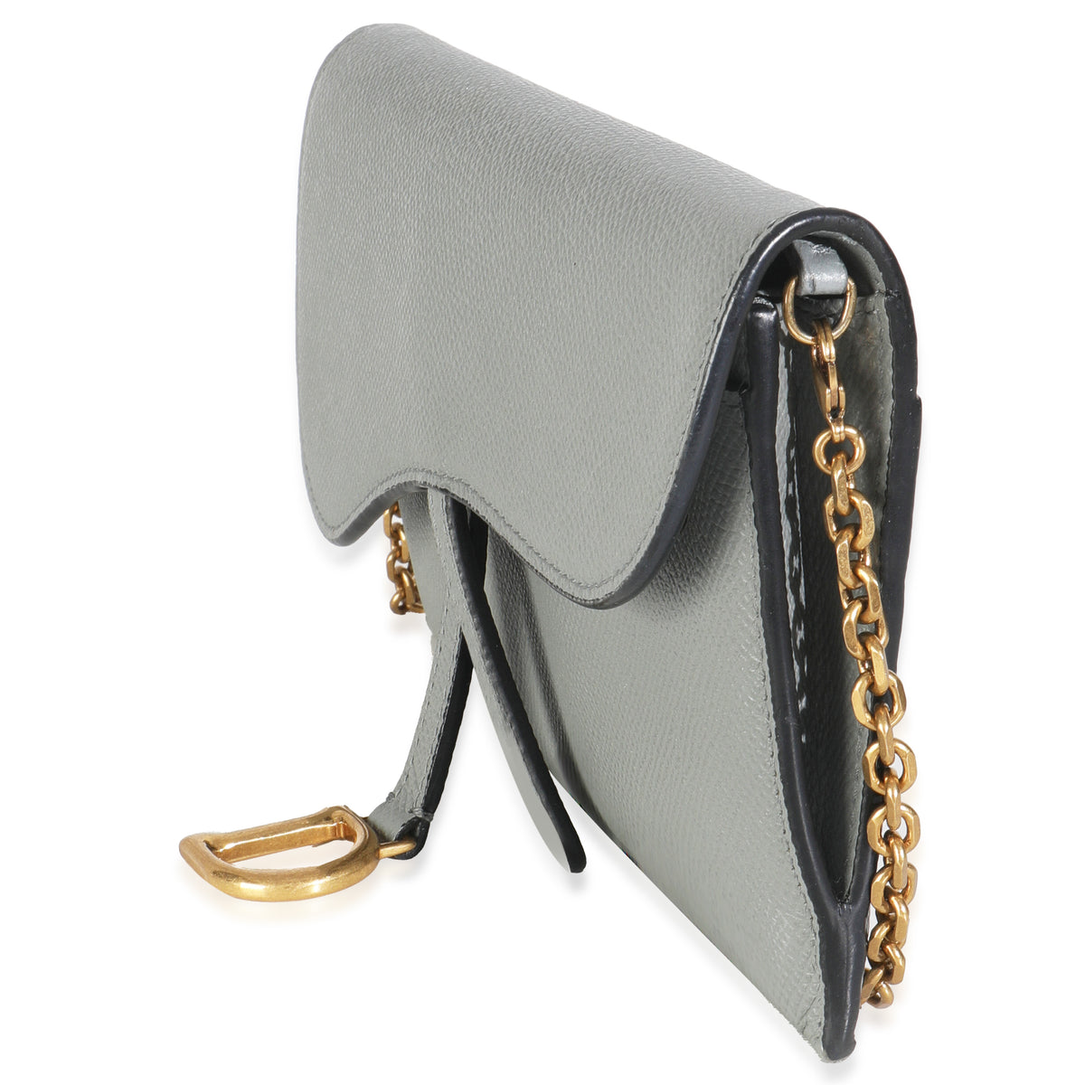 Grey Stone Grained Calfskin Saddle Chain Wallet Pouch