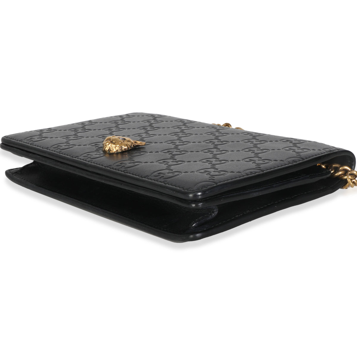 Black Guccissima Calfskin Crystal Cat Wallet On Chain