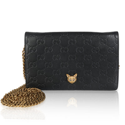 Black Guccissima Calfskin Crystal Cat Wallet On Chain
