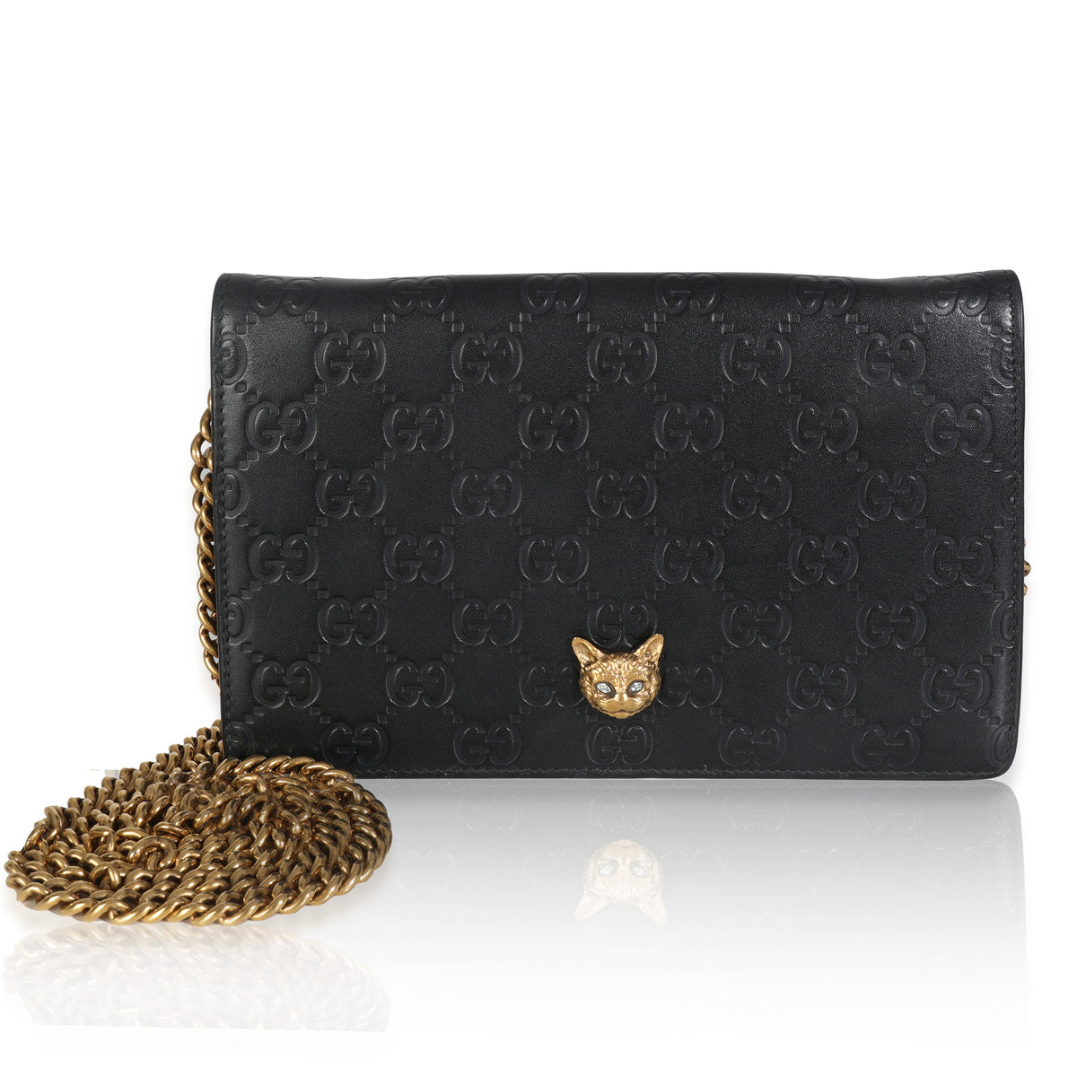 Black Guccissima Calfskin Crystal Cat Wallet On Chain
