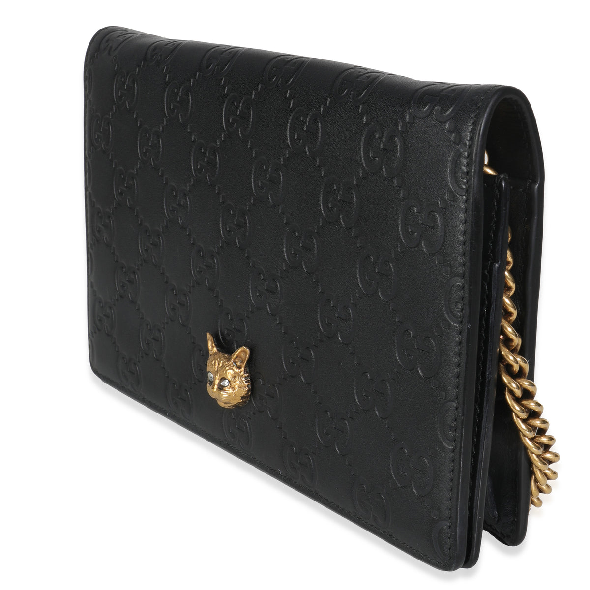 Black Guccissima Calfskin Crystal Cat Wallet On Chain