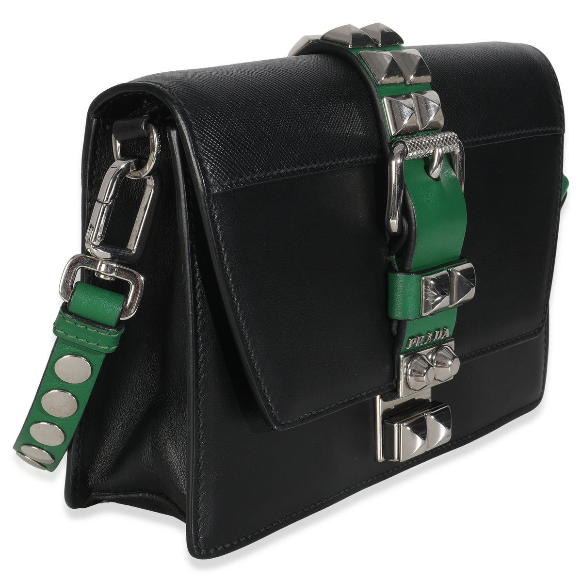 Black Saffiano City Calfskin Studded Small Elektra Shoulder Bag