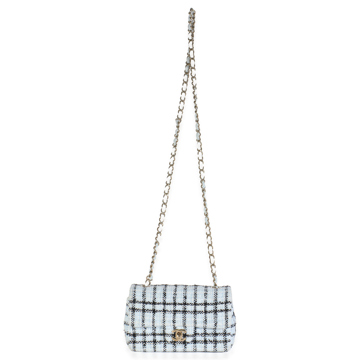 Blue White Tweed Quilted Mini Rectangular Flap Bag