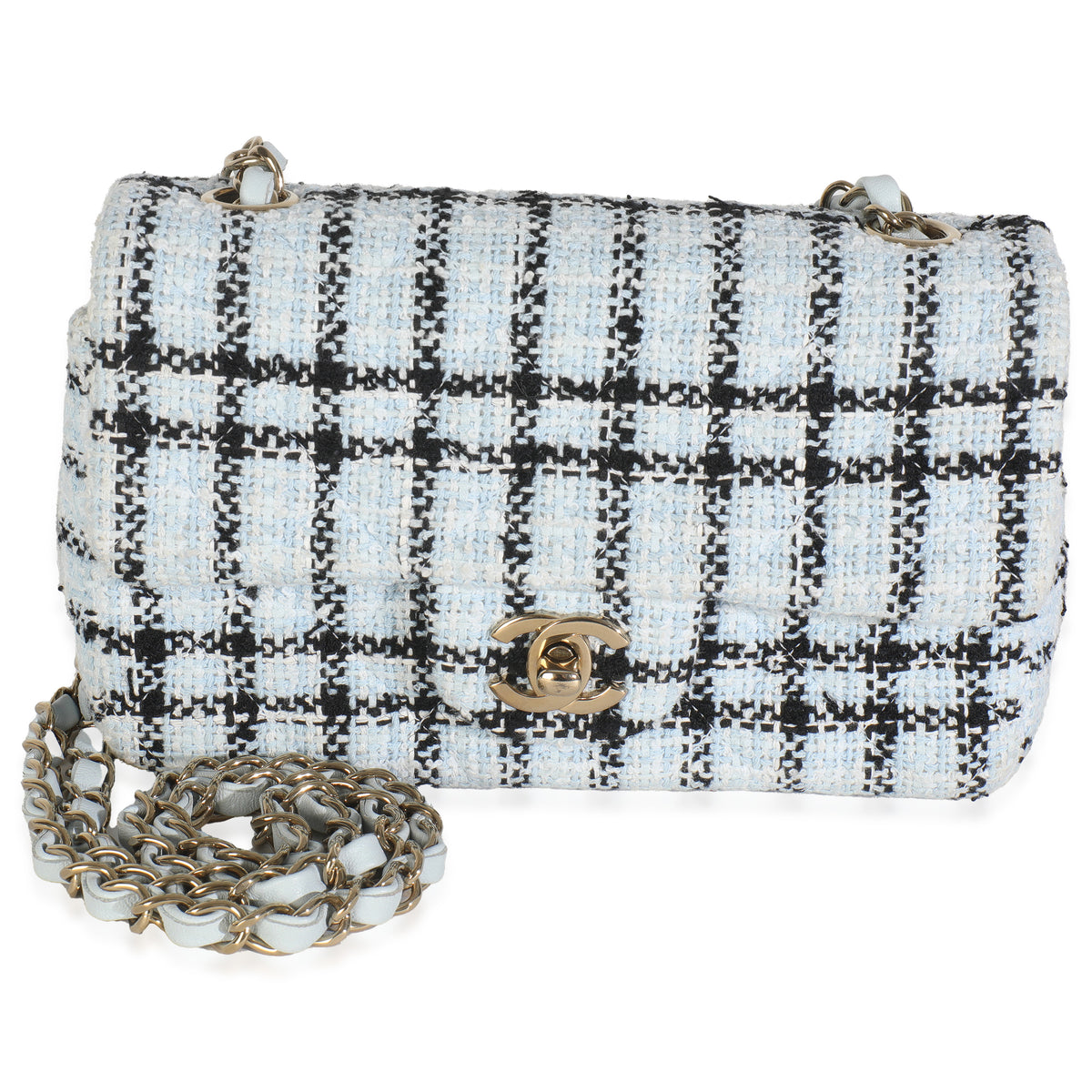 Blue White Tweed Quilted Mini Rectangular Flap Bag